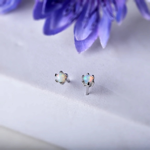 Real Natural Ethiopia Opal Ear Studs - Rainbows Opal Sterling Silver Earrings - Picture 2 of 2